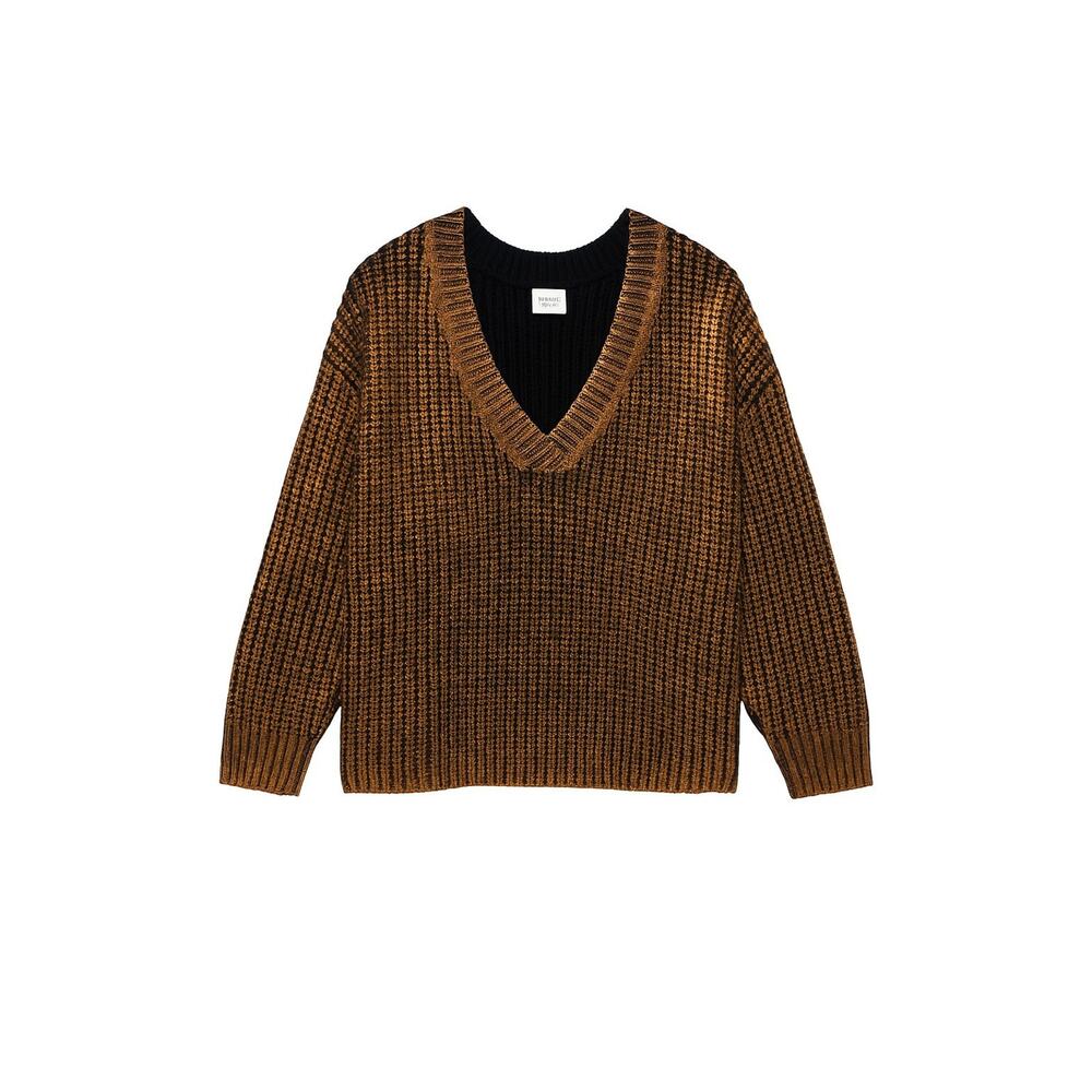 BiBi Metallic Bronze Ribbed Sweater | Shimmer Knit V-Neck Pullover | Cozy...